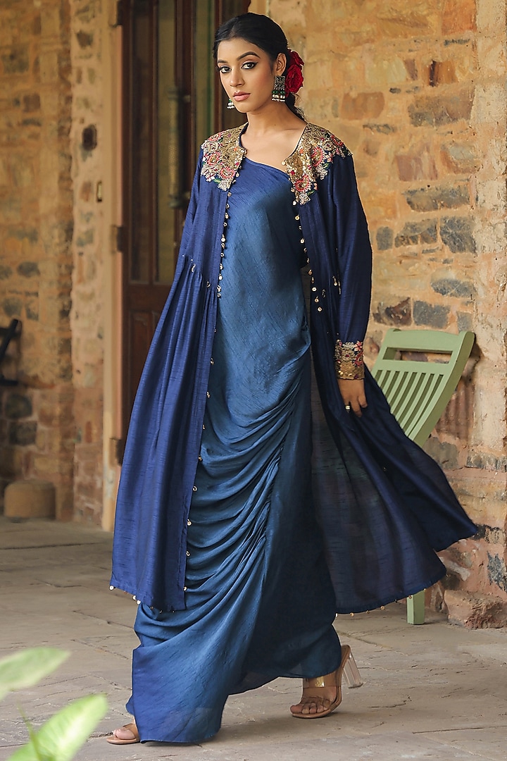 Blue Silk Resham Embroidered Jacket Dress by Niti Bothra at Pernia's Pop Up Shop