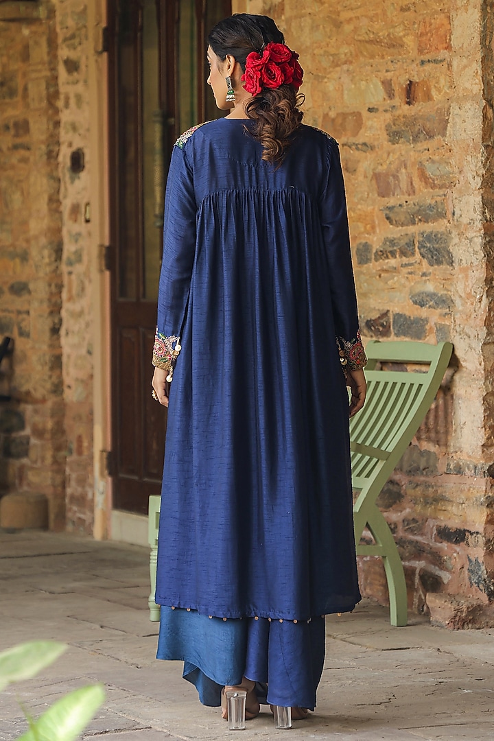 Blue Silk Resham Embroidered Jacket Vacation Dress by Niti Bothra at Pernia's Pop Up Shop