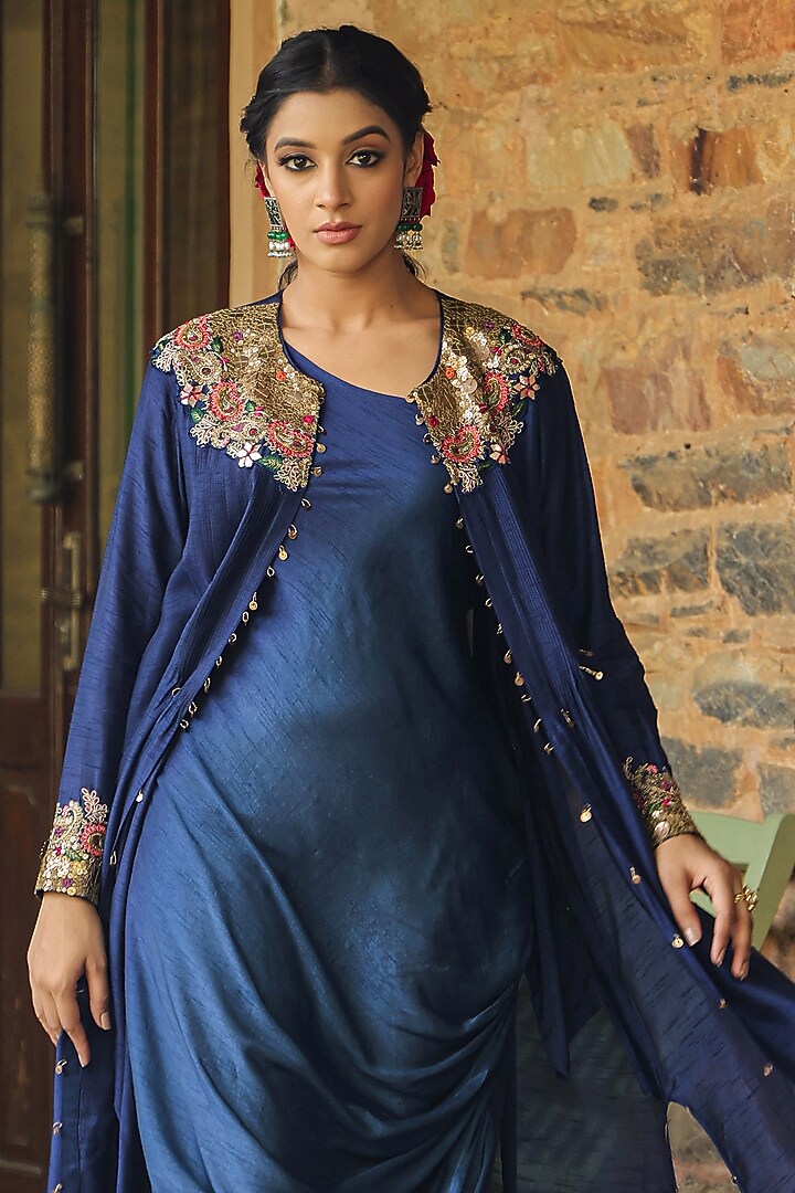Blue Silk Resham Embroidered Jacket Vacation Dress by Niti Bothra at Pernia's Pop Up Shop