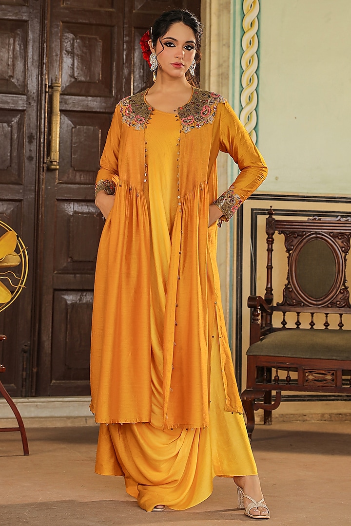 Mustard Silk Resham Embroidered Jacket Dress by Niti Bothra at Pernia's Pop Up Shop