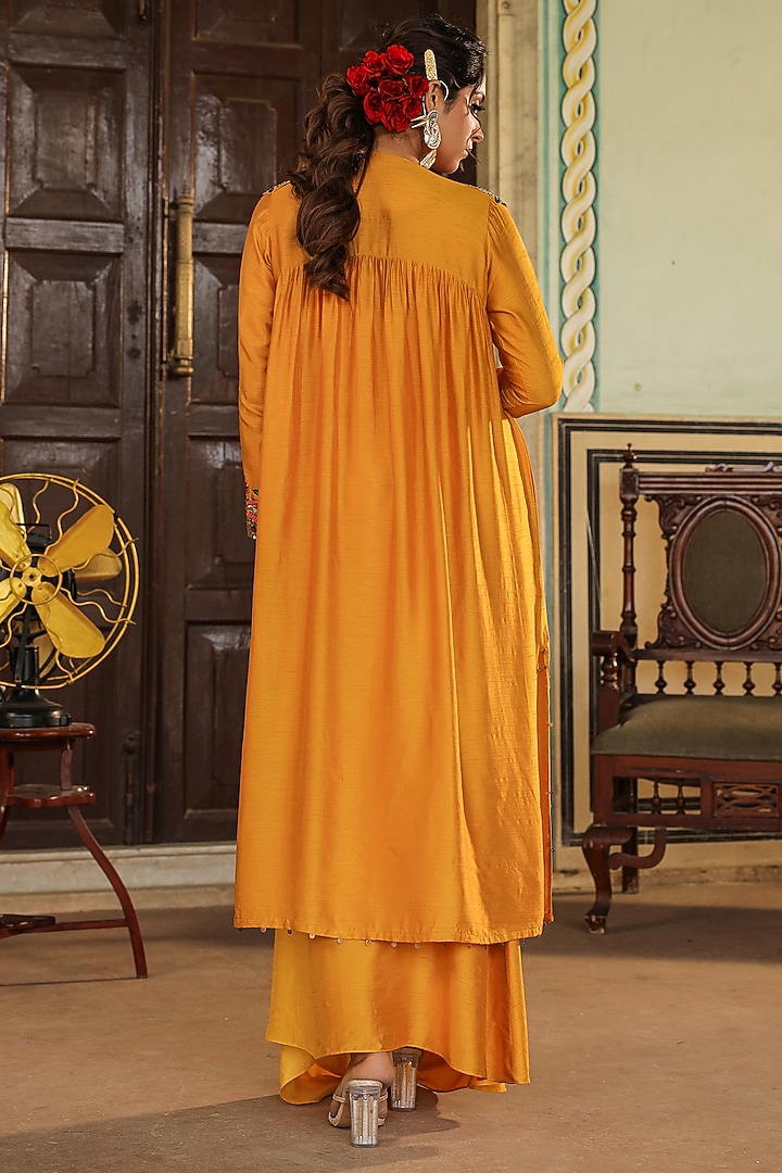 Mustard Silk Resham Embroidered Jacket Vacation Dress by Niti Bothra at Pernia's Pop Up Shop