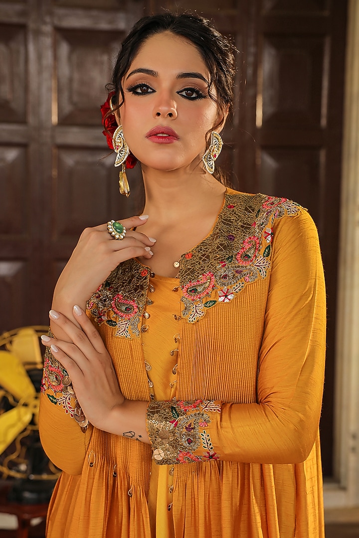 Mustard Silk Resham Embroidered Jacket Vacation Dress by Niti Bothra at Pernia's Pop Up Shop