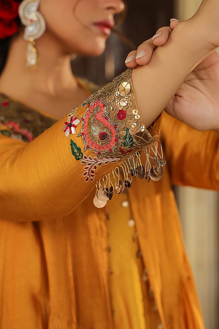 Mustard Silk Resham Embroidered Jacket Vacation Dress by Niti Bothra at Pernia's Pop Up Shop