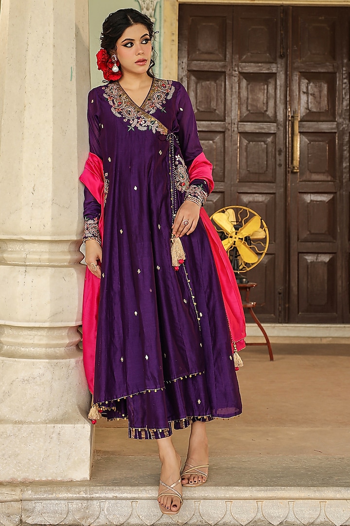 Purple Silk Chanderi Resham Embroidered Angrakha Set by Niti Bothra