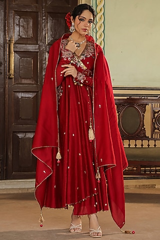 Maroon Silk Chanderi Resham Embroidered Angrakha Set by Niti Bothra