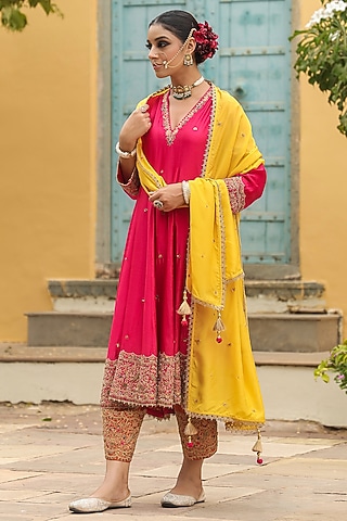 Pink Pure Banarasi Spun Silk Resham Embroidered Kalidar Kurta Set by Niti Bothra