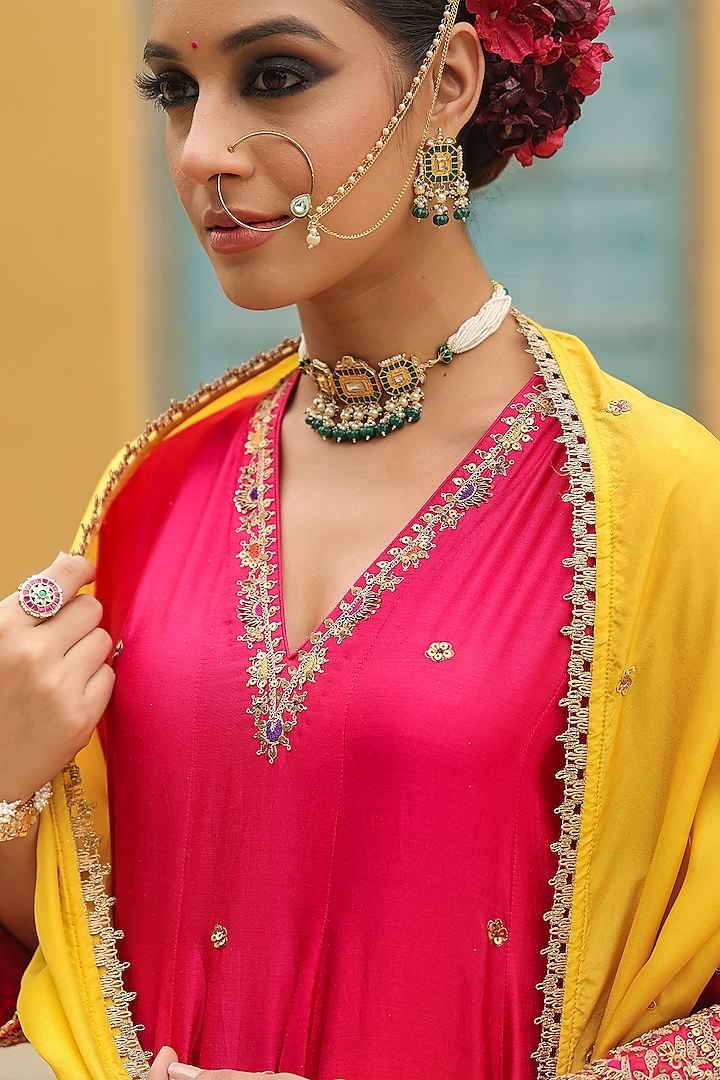 Pink Pure Banarasi Spun Silk Resham Embroidered Kalidar Kurta Set by Niti Bothra at Pernia's Pop Up Shop