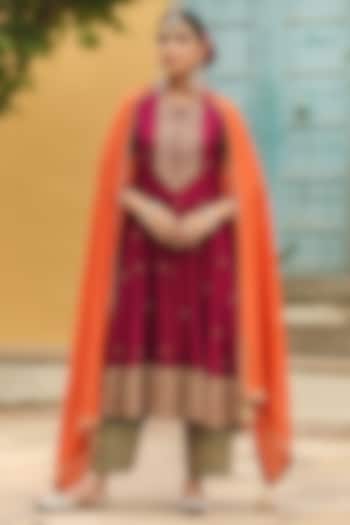 Wine Pure Banarasi Spun Silk Resham Embroidered Kalidar Kurta Set by Niti Bothra at Pernia's Pop Up Shop