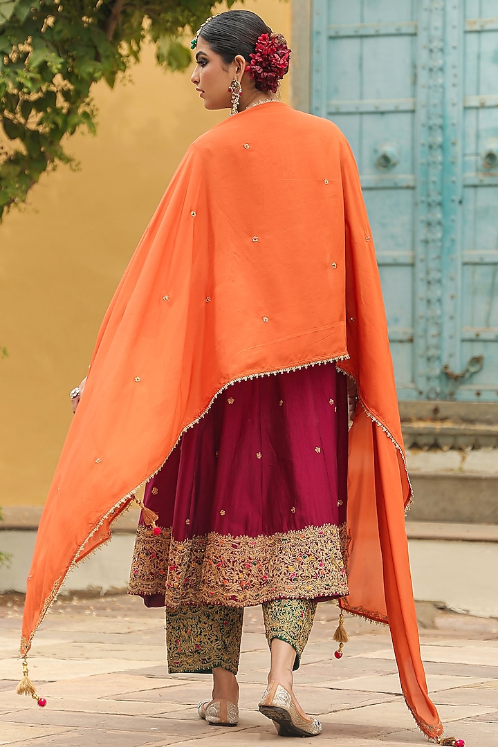 Wine Pure Banarasi Spun Silk Resham Embroidered Kalidar Kurta Set by Niti Bothra at Pernia's Pop Up Shop