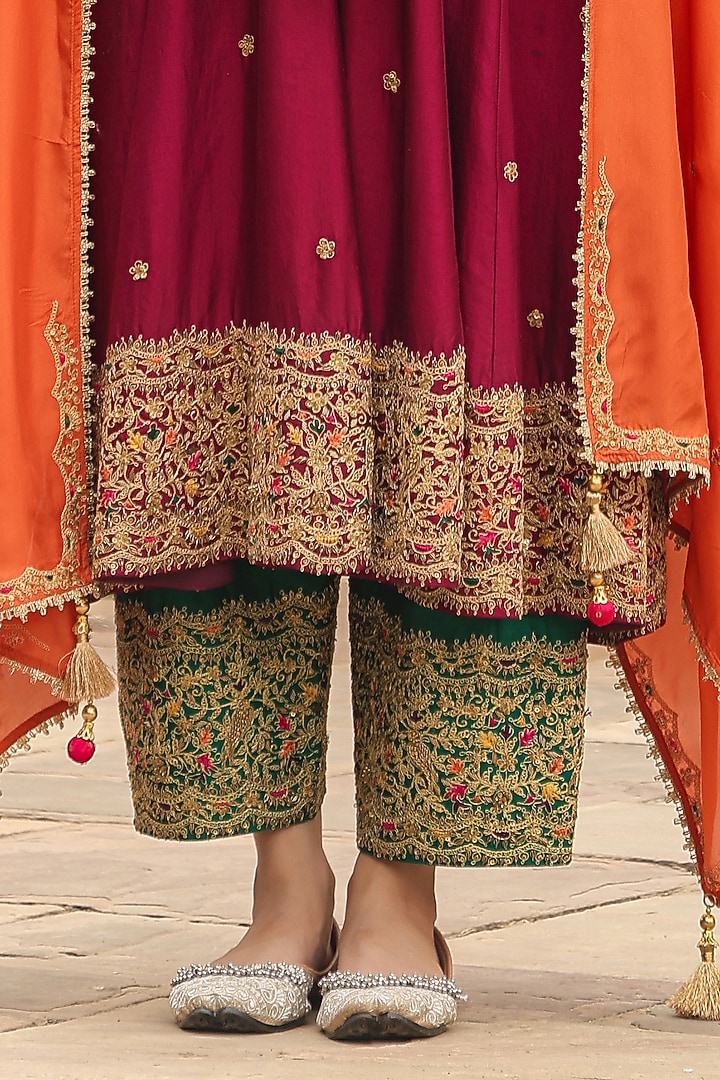 Wine Pure Banarasi Spun Silk Resham Embroidered Kalidar Kurta Set by Niti Bothra at Pernia's Pop Up Shop