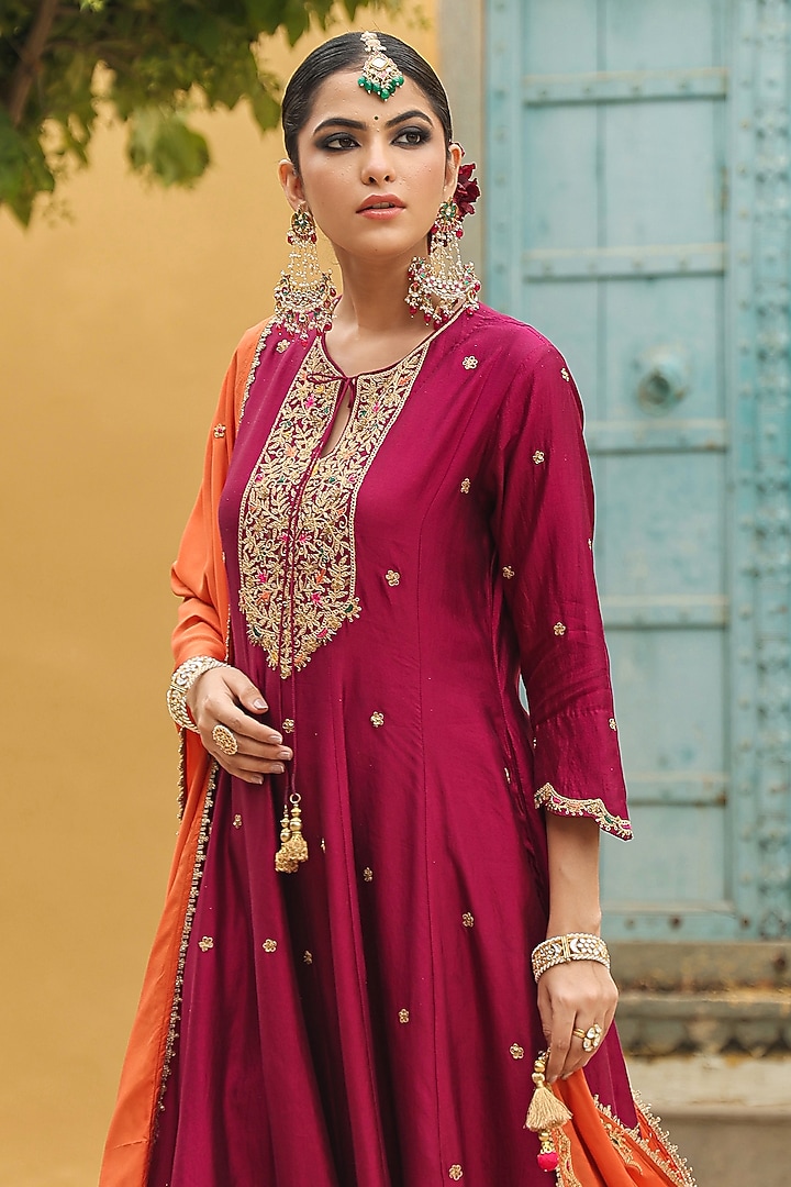 Wine Pure Banarasi Spun Silk Resham Embroidered Kalidar Kurta Set by Niti Bothra at Pernia's Pop Up Shop