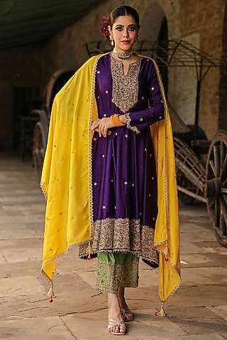 Purple Pure Banarasi Spun Silk Resham Embroidered Kalidar Kurta Set by Niti Bothra