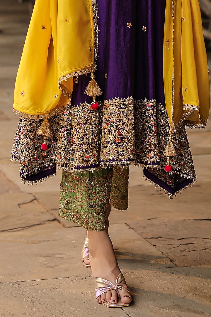Purple Pure Banarasi Spun Silk Resham Embroidered Kalidar Kurta Set by Niti Bothra at Pernia's Pop Up Shop