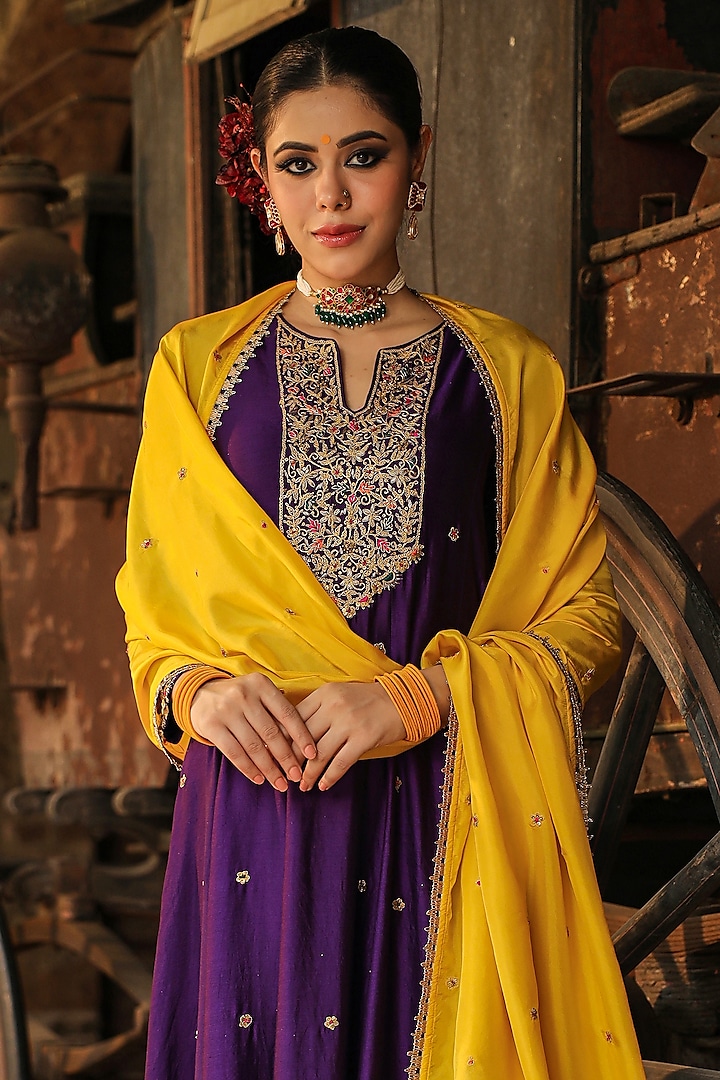 Purple Pure Banarasi Spun Silk Resham Embroidered Kalidar Kurta Set by Niti Bothra at Pernia's Pop Up Shop