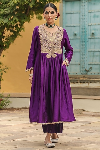 Purple Pure Banarasi Spun Silk Resham Embroidered Kurta Set by Niti Bothra