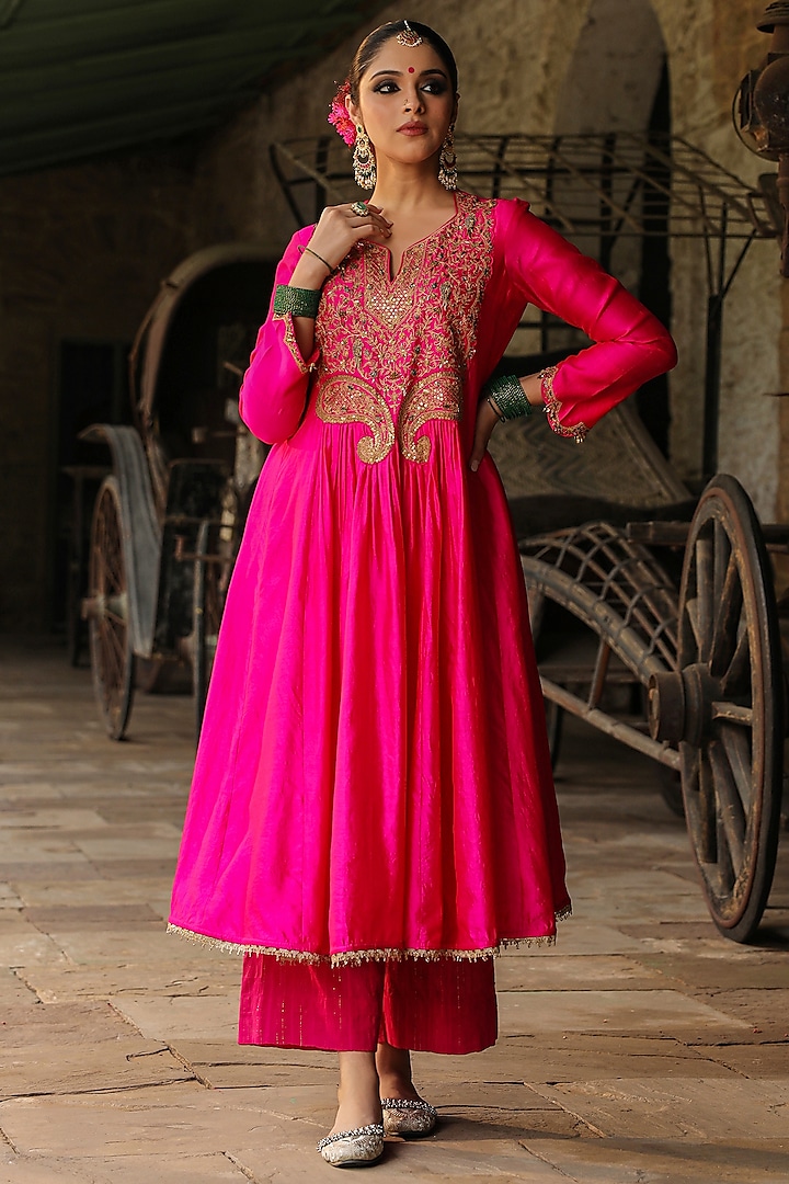Hot Pink Pure Banarasi Spun Silk Resham Embroidered Kurta Set by Niti Bothra