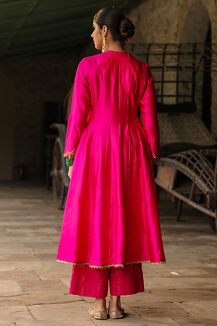 Hot Pink Pure Banarasi Spun Silk Resham Embroidered Kurta Set by Niti Bothra at Pernia's Pop Up Shop