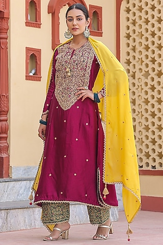 Wine Pure Banarasi Spun Silk Resham Embroidered Kurta Set by Niti Bothra