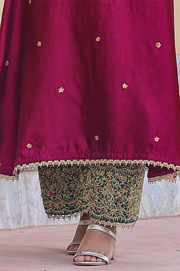 Wine Pure Banarasi Spun Silk Resham Embroidered Kurta Set by Niti Bothra at Pernia's Pop Up Shop