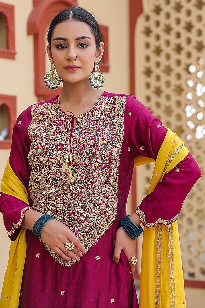 Wine Pure Banarasi Spun Silk Resham Embroidered Kurta Set by Niti Bothra at Pernia's Pop Up Shop