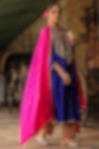 Electric Blue Pure Banarasi Spun Silk Resham Embroidered Kurta Set by Niti Bothra at Pernia's Pop Up Shop