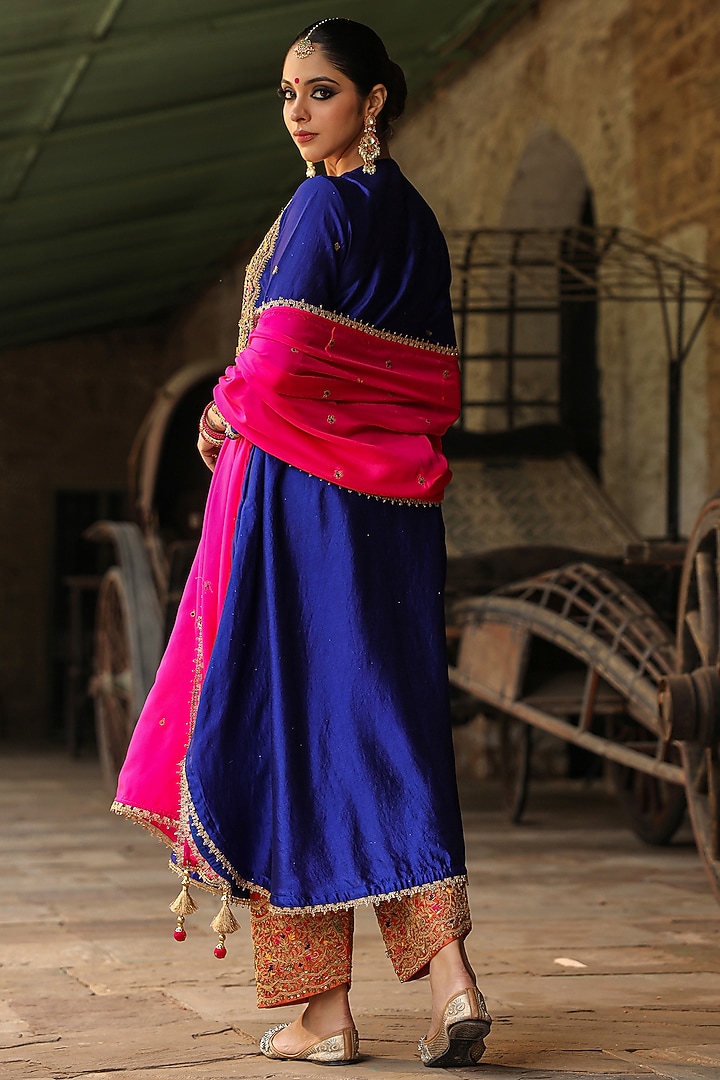 Electric Blue Pure Banarasi Spun Silk Resham Embroidered Kurta Set by Niti Bothra at Pernia's Pop Up Shop