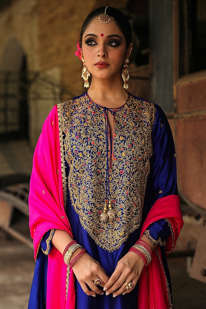 Electric Blue Pure Banarasi Spun Silk Resham Embroidered Kurta Set by Niti Bothra at Pernia's Pop Up Shop
