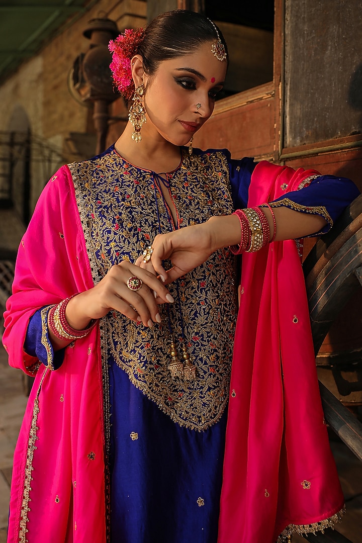 Electric Blue Pure Banarasi Spun Silk Resham Embroidered Kurta Set by Niti Bothra at Pernia's Pop Up Shop