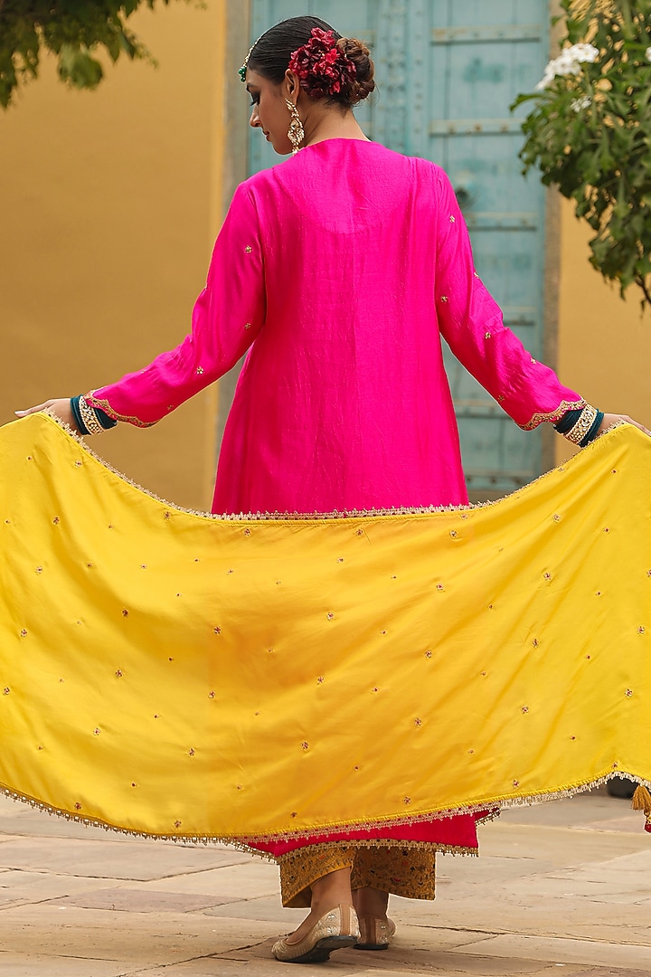 Hot Pink Pure Banarasi Spun Silk Resham Embroidered Kurta Set by Niti Bothra at Pernia's Pop Up Shop