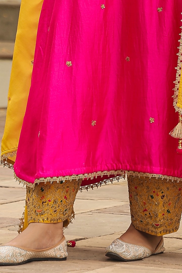 Hot Pink Pure Banarasi Spun Silk Resham Embroidered Kurta Set by Niti Bothra at Pernia's Pop Up Shop