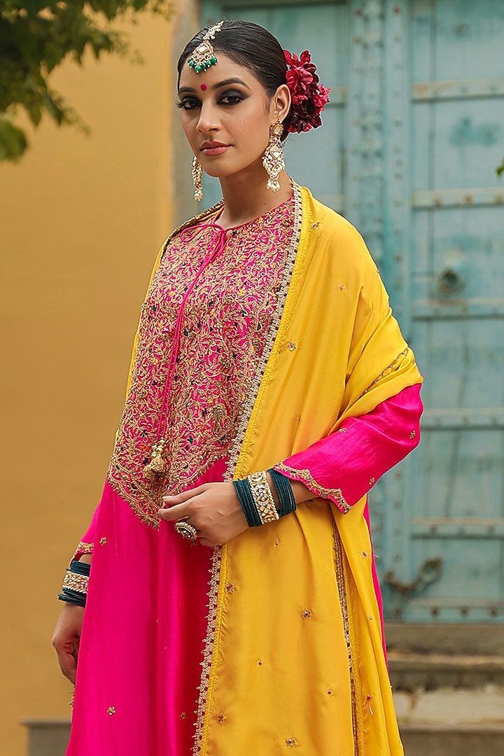 Hot Pink Pure Banarasi Spun Silk Resham Embroidered Kurta Set by Niti Bothra at Pernia's Pop Up Shop