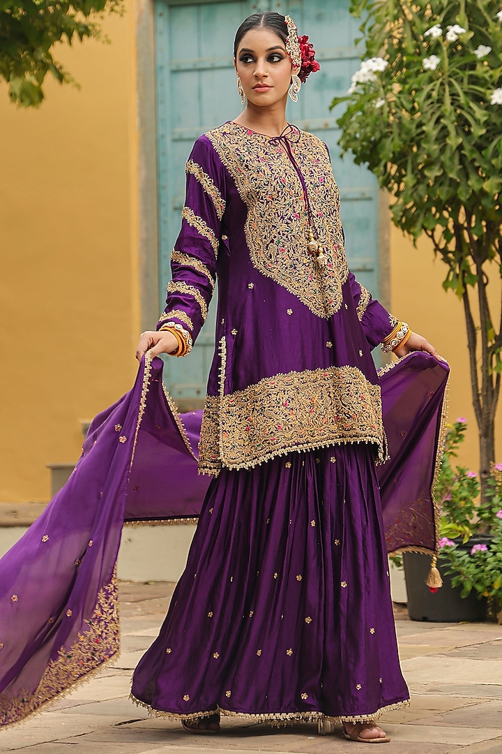 Purple Pure Banarasi Spun Silk Boota Embroidered Sharara Set by Niti Bothra at Pernia's Pop Up Shop