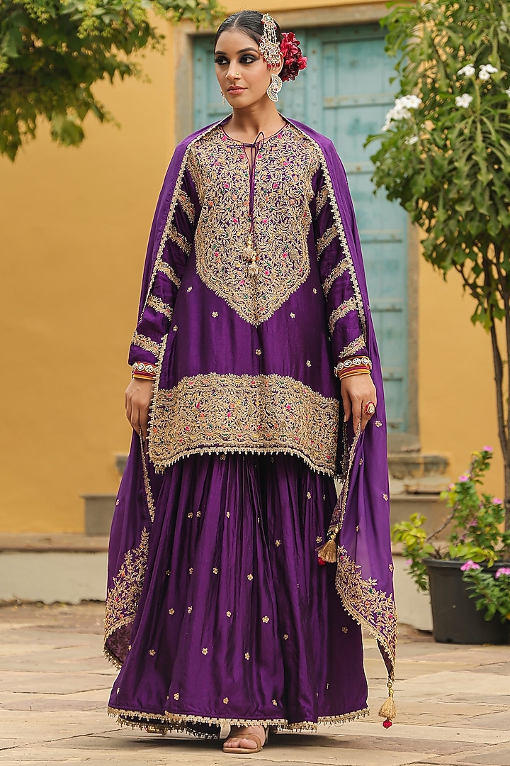 Purple Pure Banarasi Spun Silk Boota Embroidered Wedding Sharara Set by Niti Bothra at Pernia's Pop Up Shop