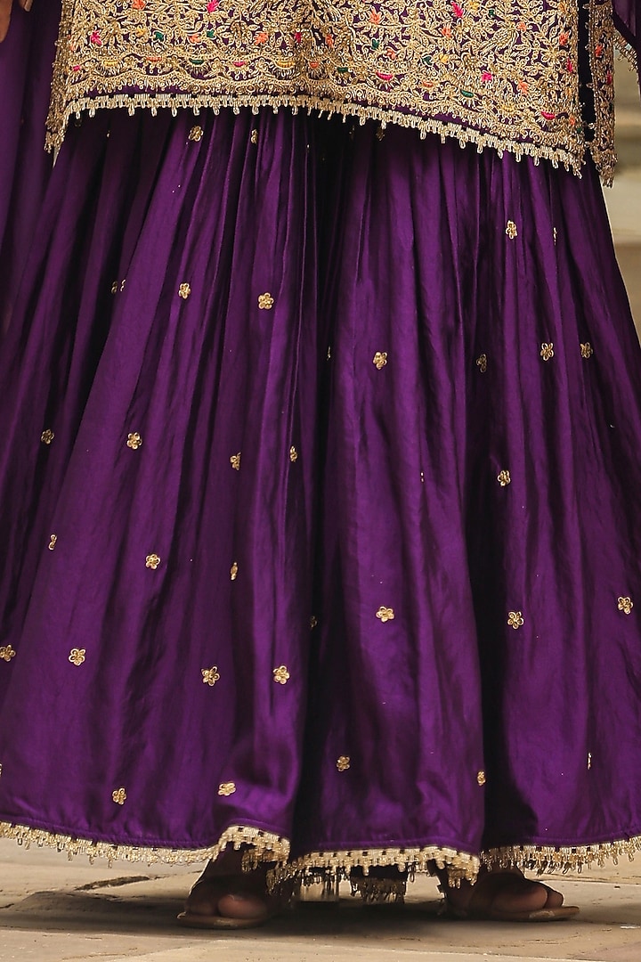 Purple Pure Banarasi Spun Silk Boota Embroidered Wedding Sharara Set by Niti Bothra at Pernia's Pop Up Shop
