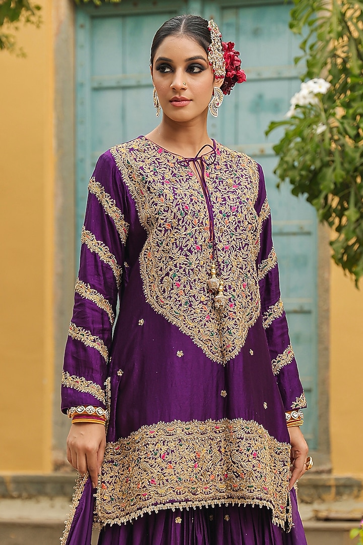 Purple Pure Banarasi Spun Silk Boota Embroidered Wedding Sharara Set by Niti Bothra at Pernia's Pop Up Shop