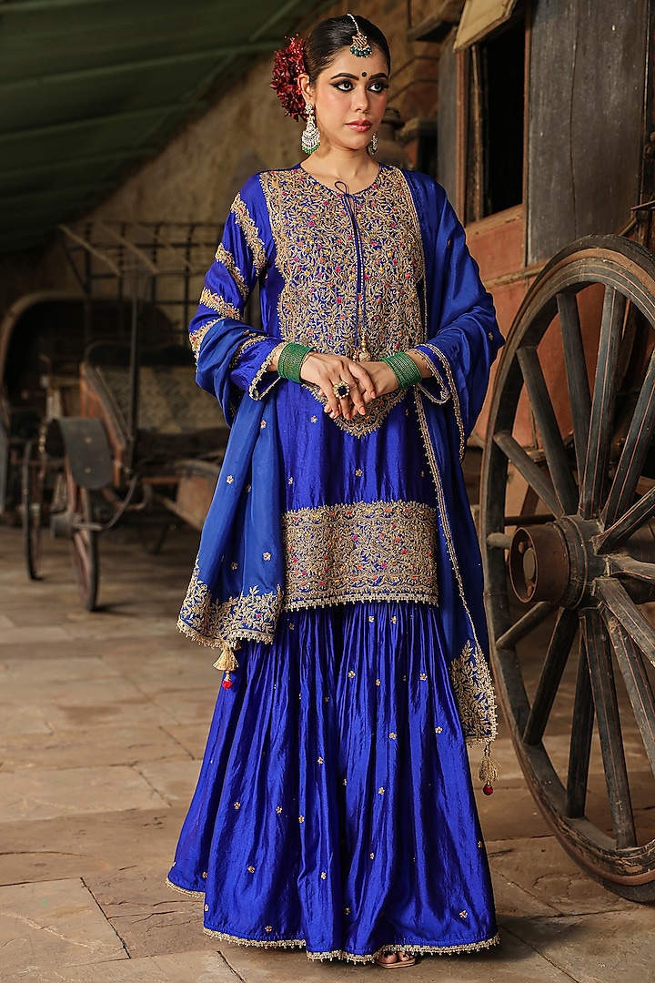 Blue Pure Banarasi Spun Silk Boota Embroidered Sharara Set by Niti Bothra at Pernia's Pop Up Shop