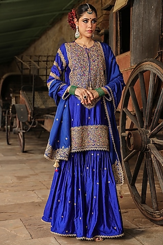 Blue Pure Banarasi Spun Silk Boota Embroidered Sharara Set by Niti Bothra
