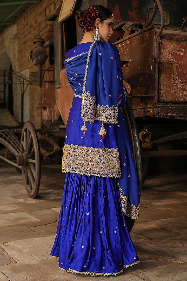 Blue Pure Banarasi Spun Silk Boota Embroidered Wedding Sharara Set by Niti Bothra at Pernia's Pop Up Shop