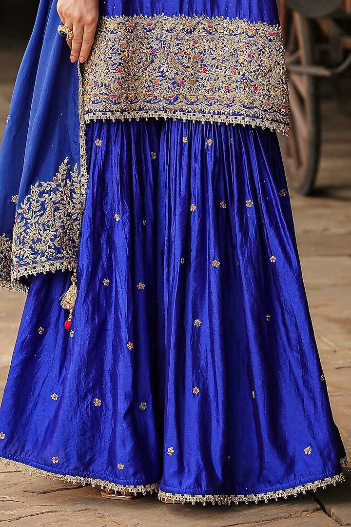 Blue Pure Banarasi Spun Silk Boota Embroidered Wedding Sharara Set by Niti Bothra at Pernia's Pop Up Shop