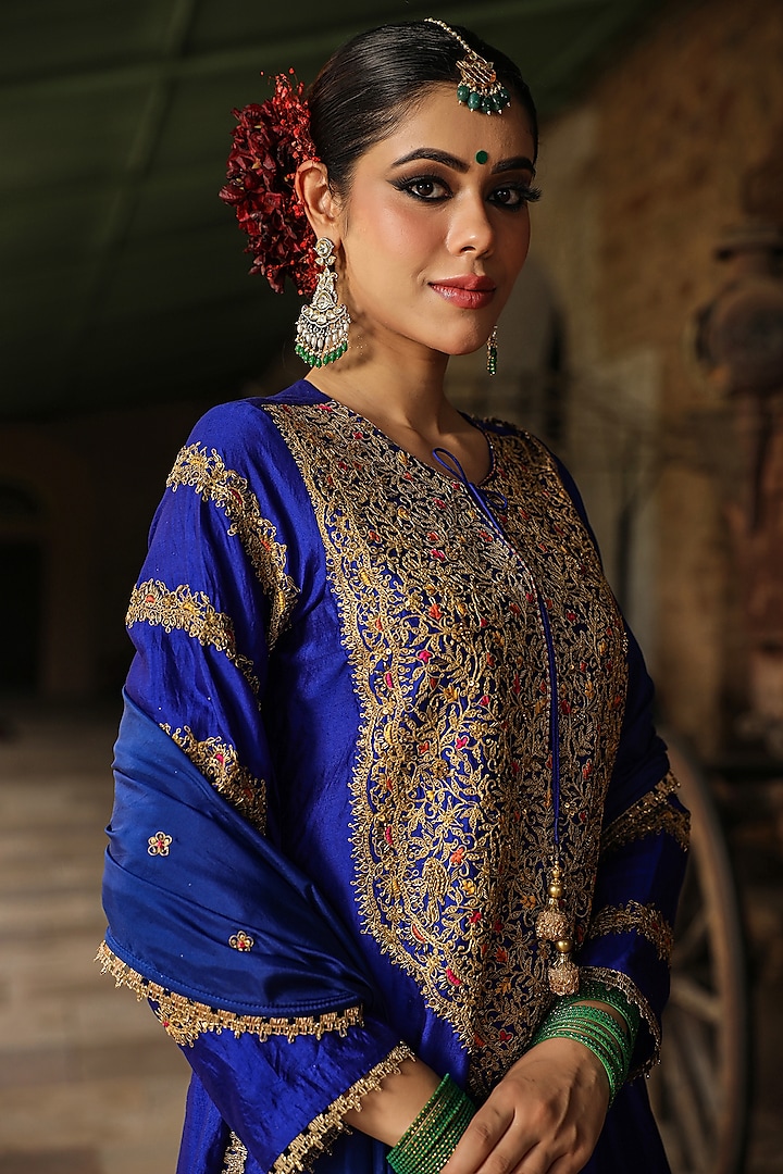 Blue Pure Banarasi Spun Silk Boota Embroidered Wedding Sharara Set by Niti Bothra at Pernia's Pop Up Shop