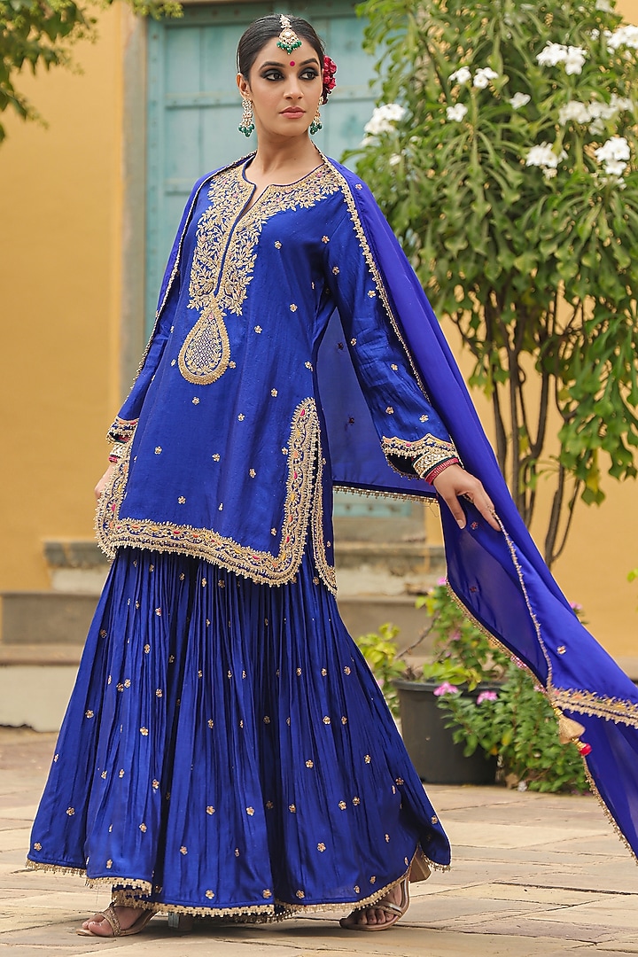 Blue Pure Banarasi Spun Silk Boota Embroidered Wedding Sharara Set by Niti Bothra at Pernia's Pop Up Shop