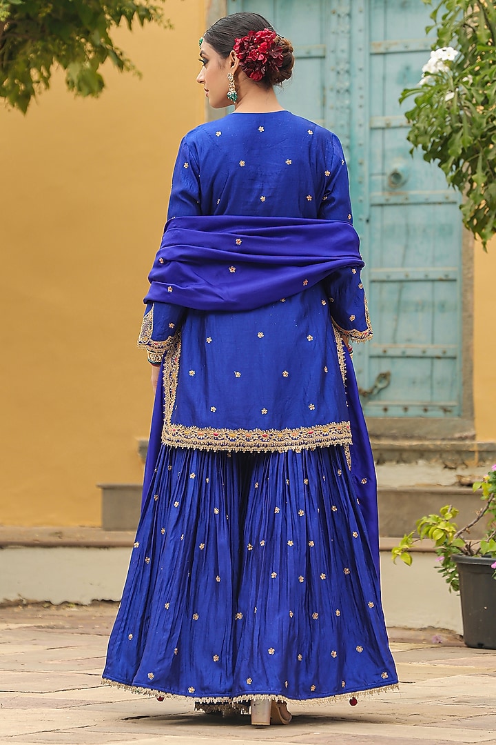 Blue Pure Banarasi Spun Silk Boota Embroidered Wedding Sharara Set by Niti Bothra at Pernia's Pop Up Shop