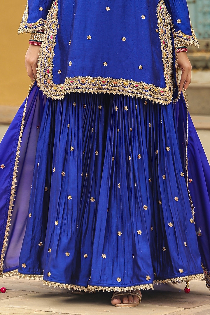 Blue Pure Banarasi Spun Silk Boota Embroidered Wedding Sharara Set by Niti Bothra at Pernia's Pop Up Shop
