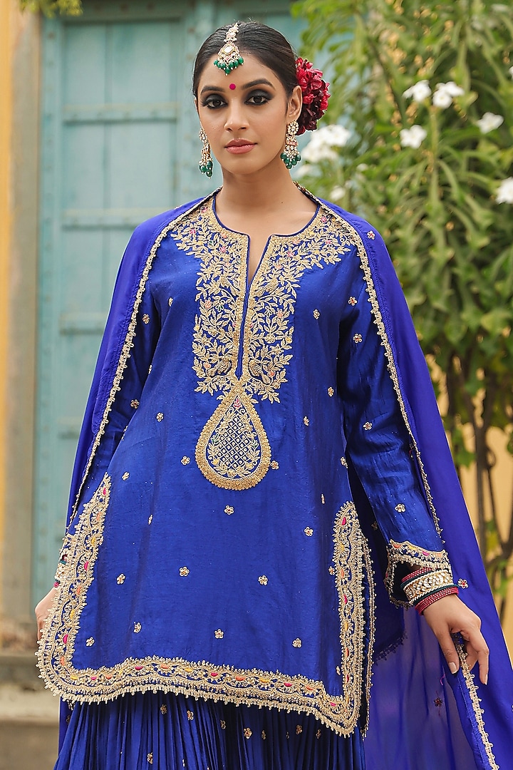 Blue Pure Banarasi Spun Silk Boota Embroidered Wedding Sharara Set by Niti Bothra at Pernia's Pop Up Shop