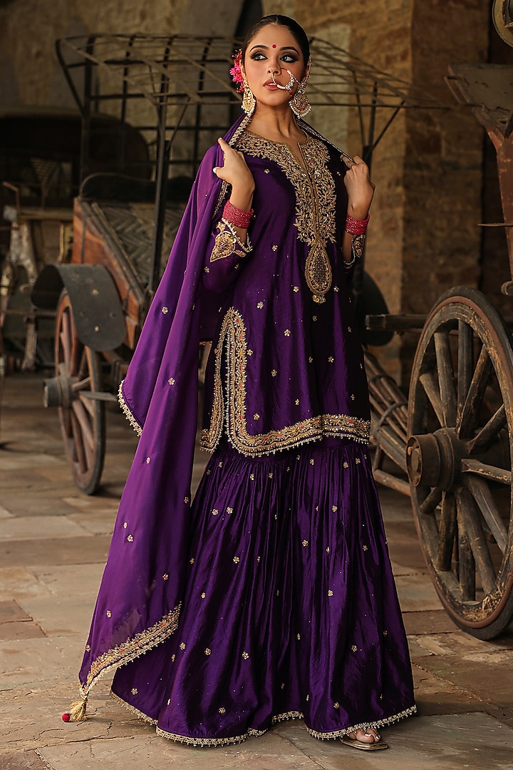 Purple Pure Banarasi Spun Silk Boota Embroidered Wedding Sharara Set by Niti Bothra at Pernia's Pop Up Shop