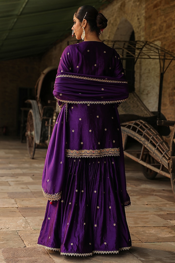 Purple Pure Banarasi Spun Silk Boota Embroidered Wedding Sharara Set by Niti Bothra at Pernia's Pop Up Shop