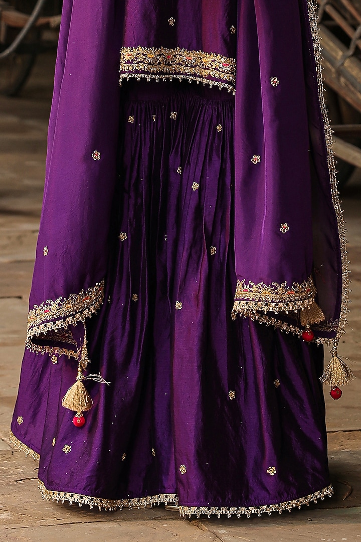 Purple Pure Banarasi Spun Silk Boota Embroidered Wedding Sharara Set by Niti Bothra at Pernia's Pop Up Shop