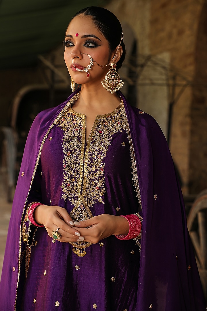 Purple Pure Banarasi Spun Silk Boota Embroidered Wedding Sharara Set by Niti Bothra at Pernia's Pop Up Shop