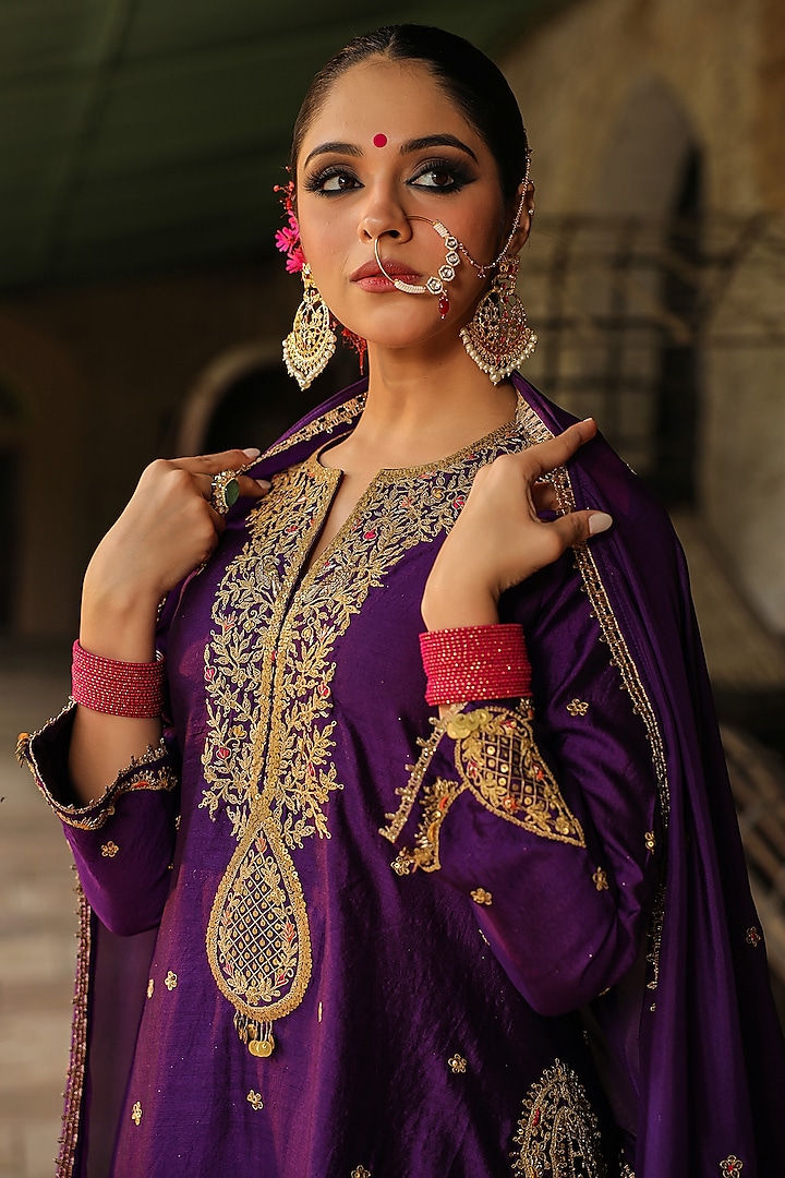 Purple Pure Banarasi Spun Silk Boota Embroidered Wedding Sharara Set by Niti Bothra at Pernia's Pop Up Shop