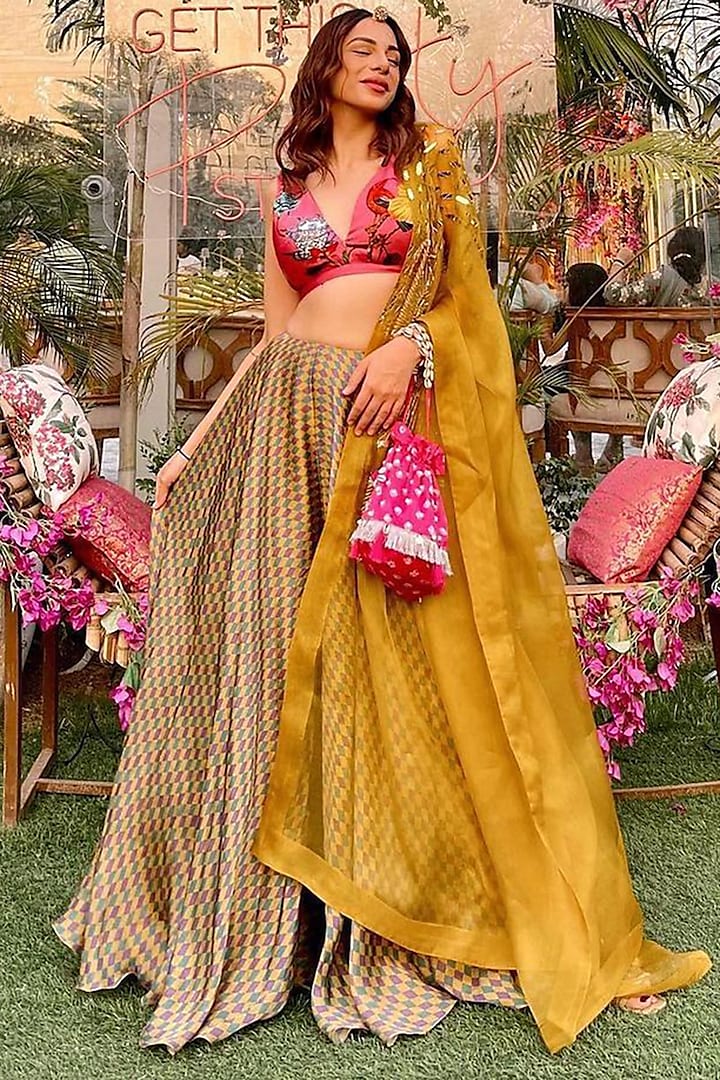 Yellow Satin Organza & Net Embroidered Cape Set by Mahima Mahajan